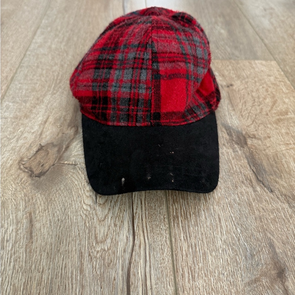Free People Red Plaid Cap with Black Brim